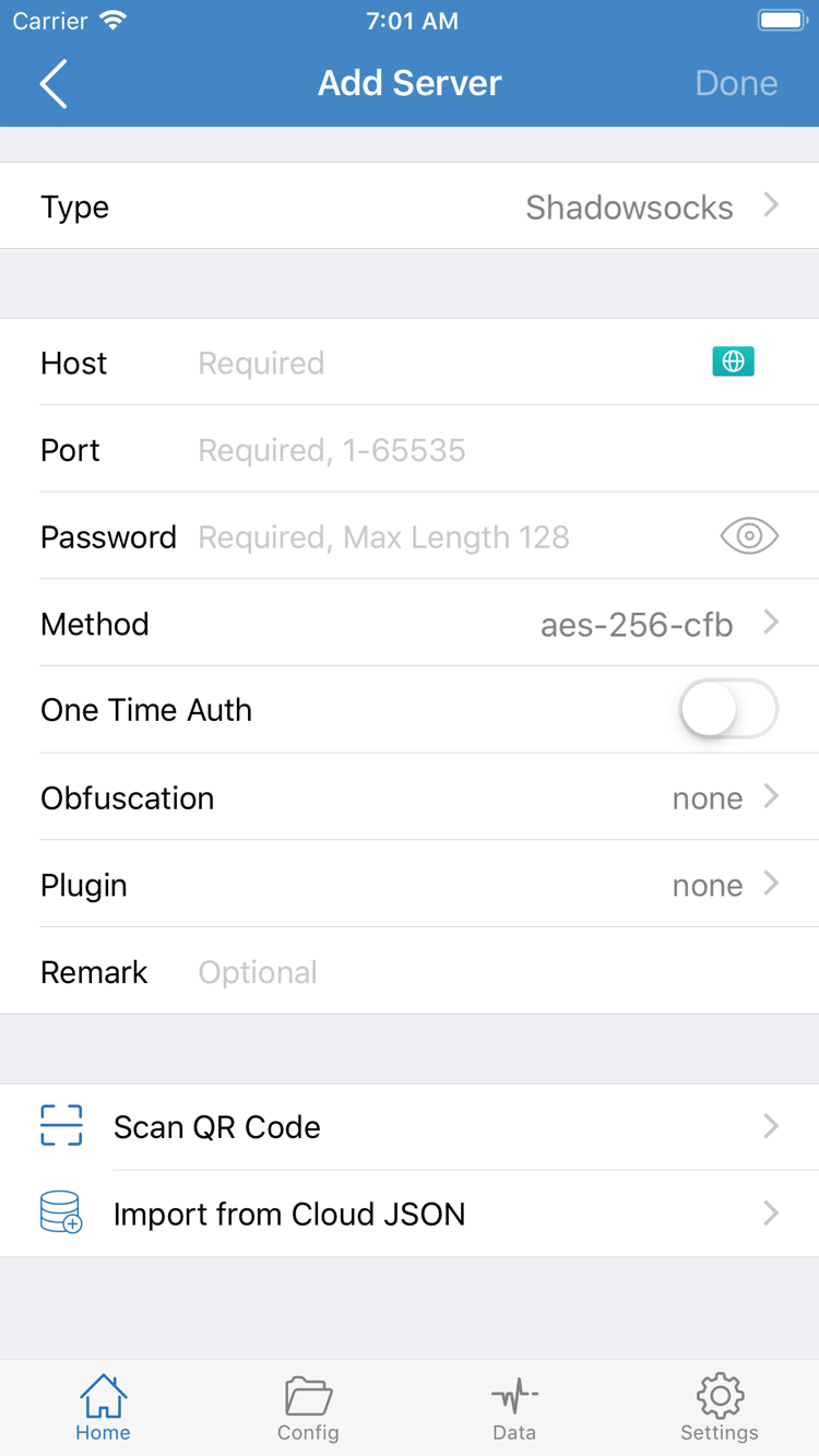 ShadowrocketのAdd Server公式スクリーンショット。Type、Host、Port、Password、Methodと、Scan QR CodeおよびImport from Cloud JSONの項目を表示