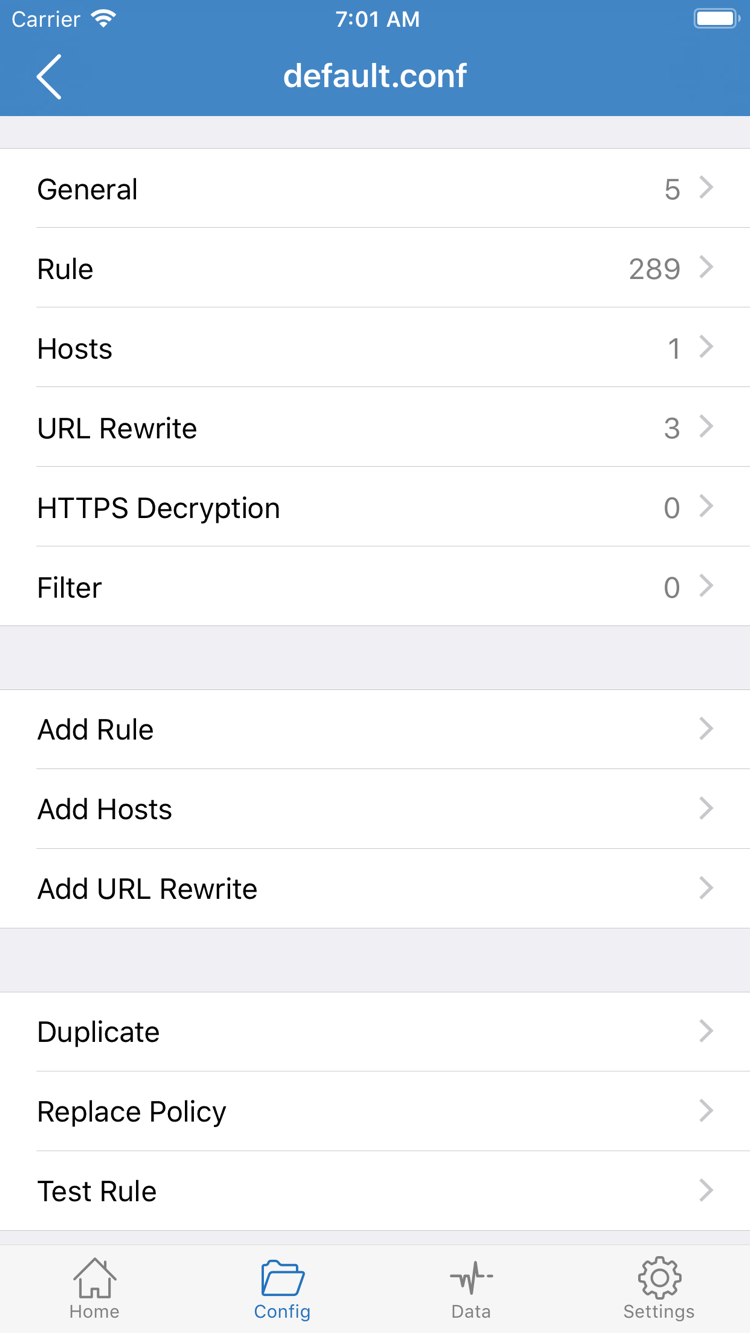 ShadowrocketのConfig公式スクリーンショット。General、Rule、Hosts、URL Rewrite、HTTPS Decryptionの項目とAdd Ruleを表示