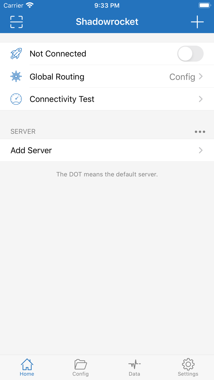 ShadowrocketのHome公式スクリーンショット。画面上部のNot Connected接続スイッチ、Global RoutingのConfig表示、Connectivity Test、SERVER、Add Serverを表示